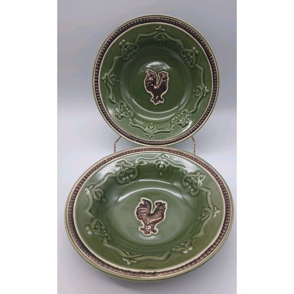 Cracker Barrel Elegant Rooster Green Set Of Two 9.5" Rimmed Bowls Embossed - Picture 1 of 5